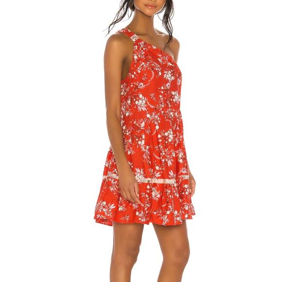 Free People All Mine Red Linen Blend One Shoulder Floral Flowy Boho Mini Dress - Picture 3 of 12